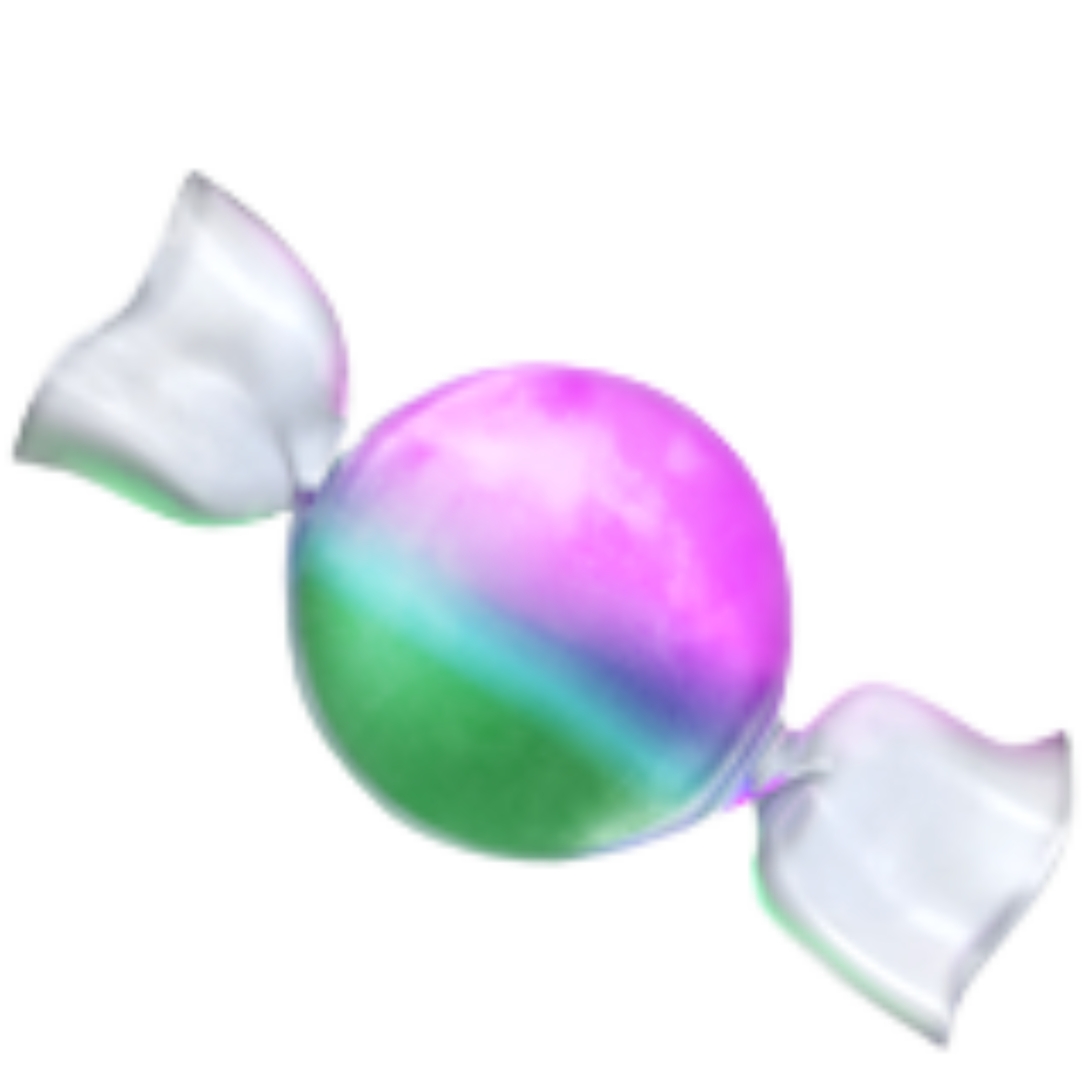 A spherical candy with purple and green hues, wrapped in transparent plastic.