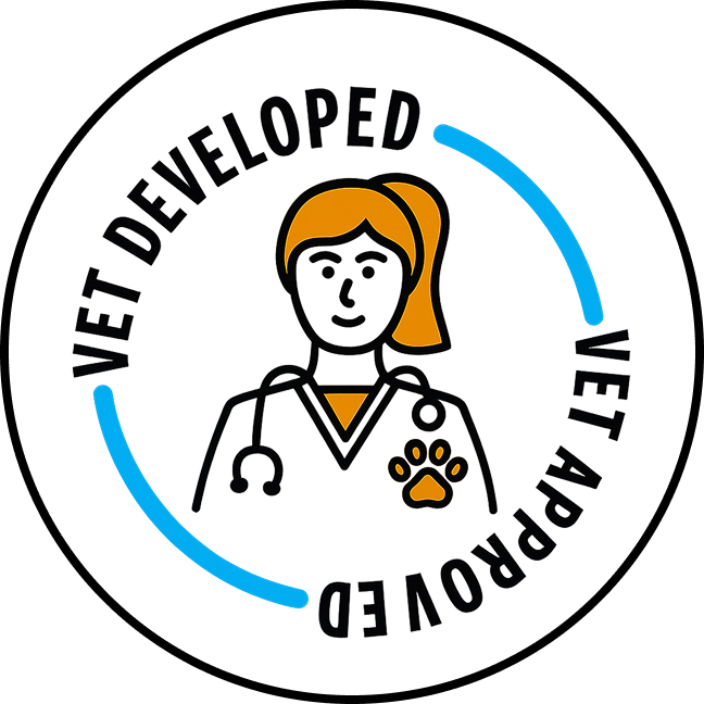 Veterinarian-developed seal indicating science-backed dog supplements formulated with safe and effective ingredients.