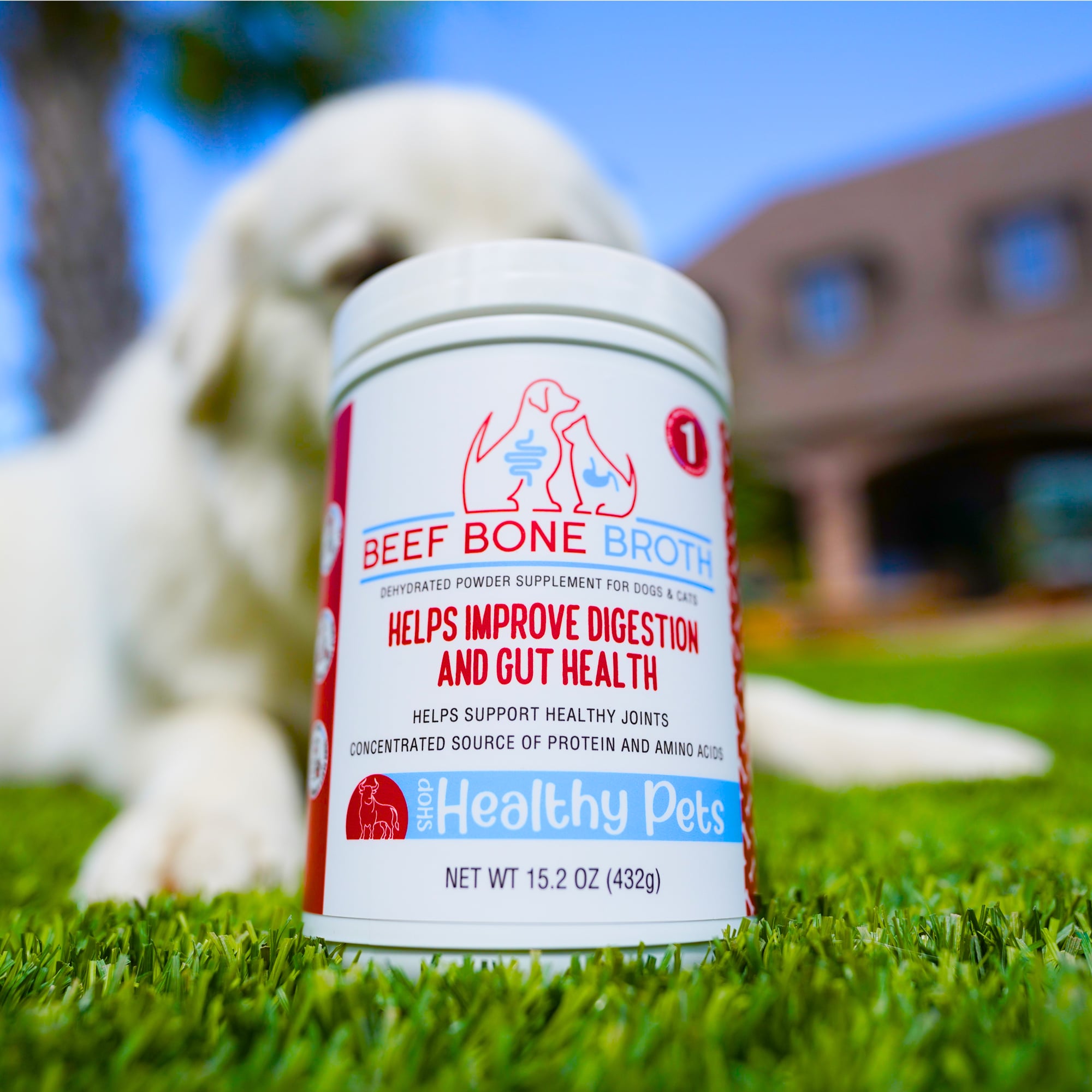 Container of beef bone broth for pets on grass with a white dog in the background.