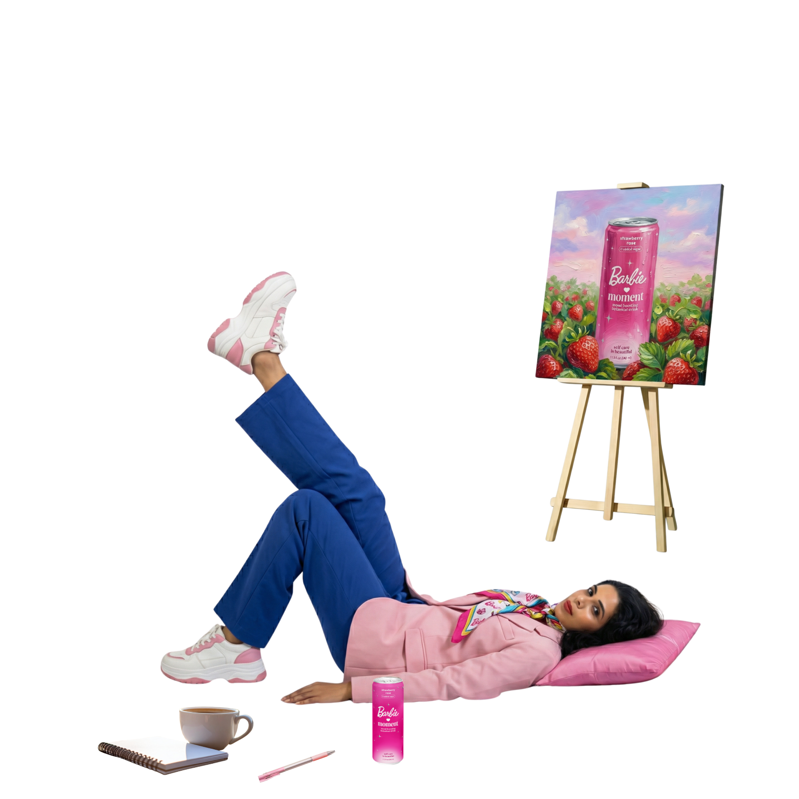 Person smiling and holding a pink can outdoors.
