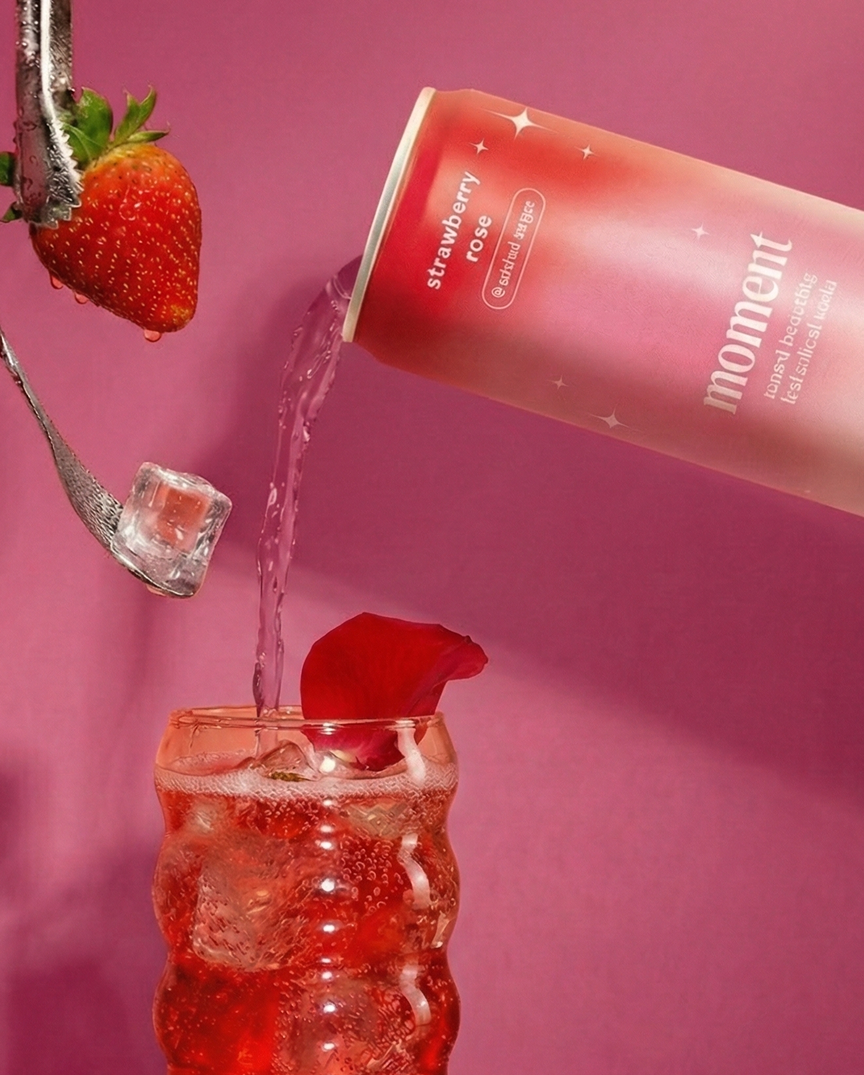 A can pouring pink liquid into a glass with ice, strawberry, and red petal.