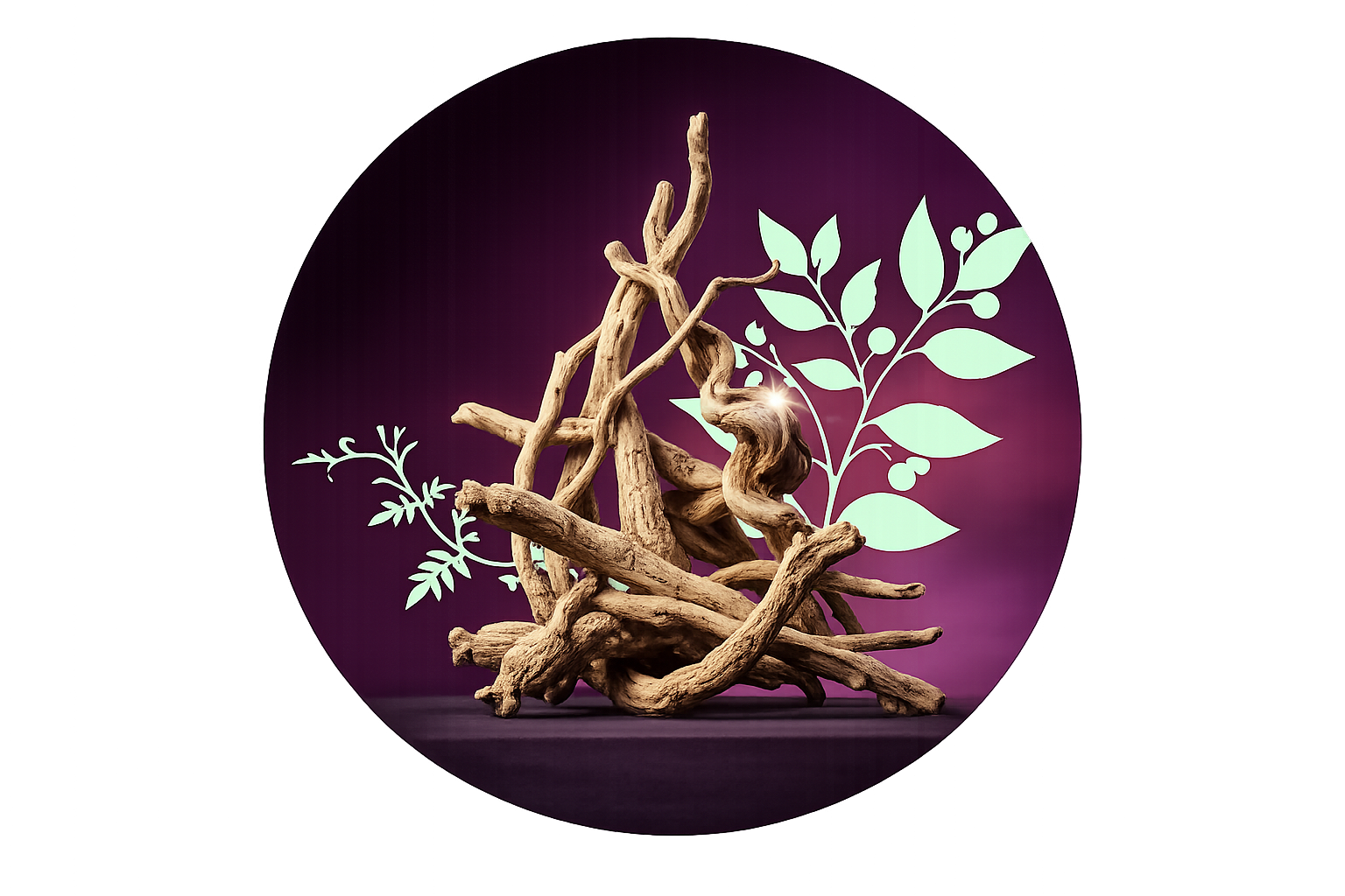 A pile of dried roots sits in front of a purple circle with light-green plant illustrations.