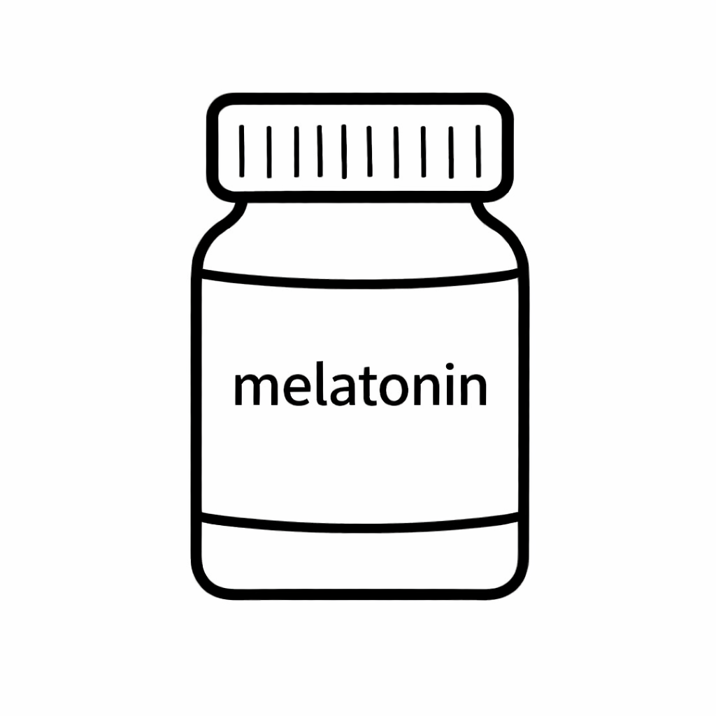 A black and white line drawing of a pill bottle with the word 'melatonin' on the label.