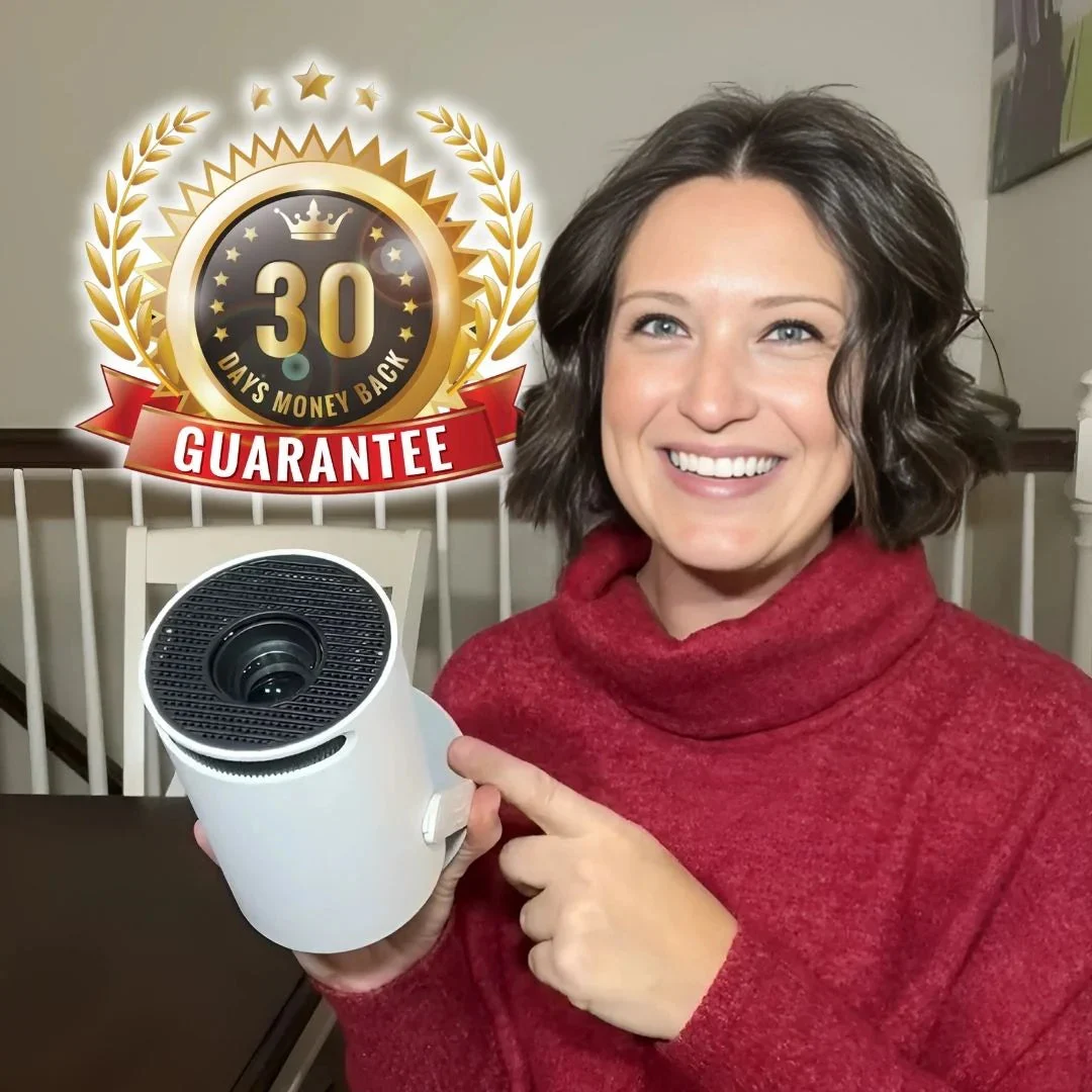 Person in red sweater holding a white gadget with a 30-day money-back guarantee badge.
