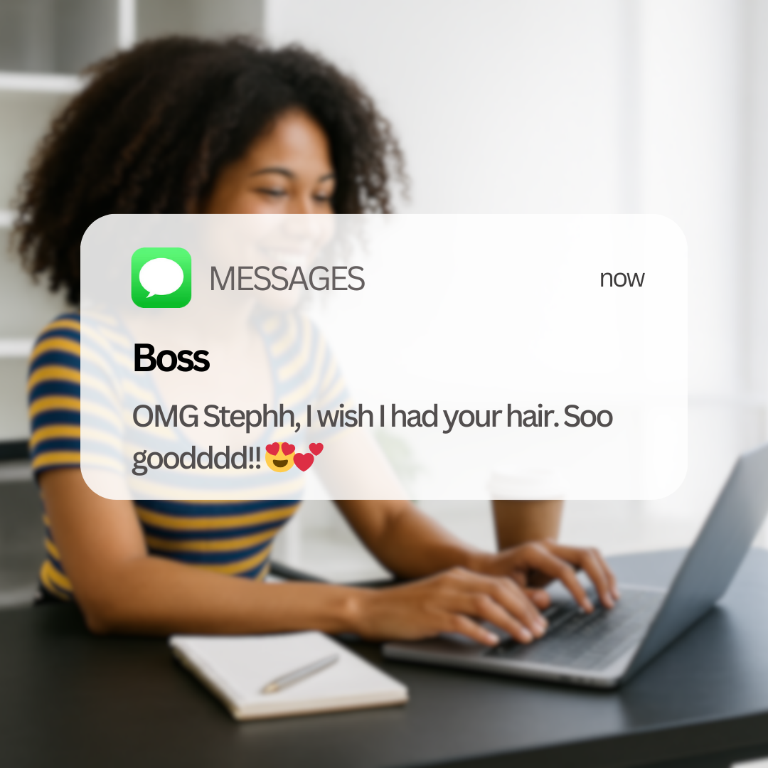 Woman typing on a laptop with a text message overlay.