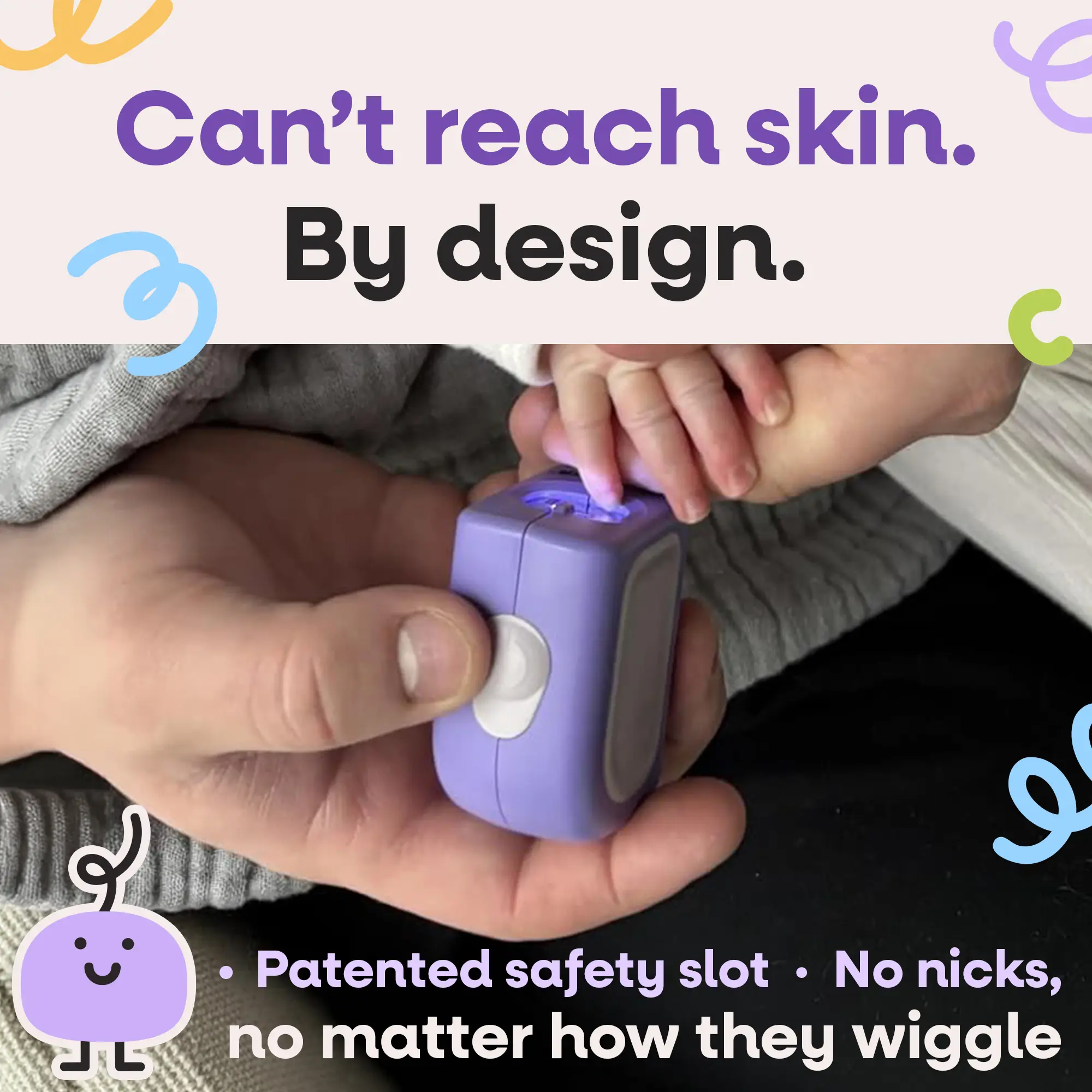 An adult's hand holds a purple electronic baby nail trimmer, safely clipping a baby's fingernail.