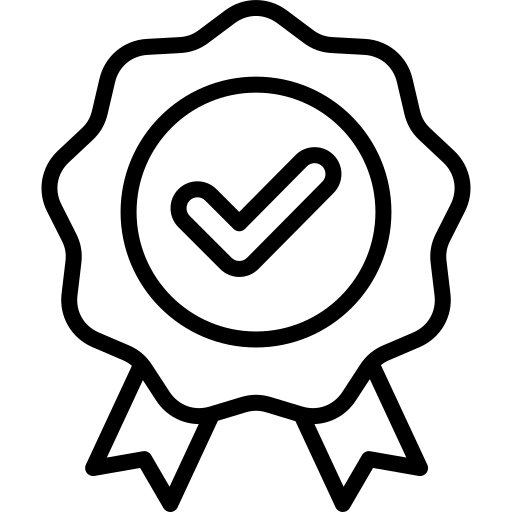 A black outline icon of an award ribbon with a checkmark in the center.