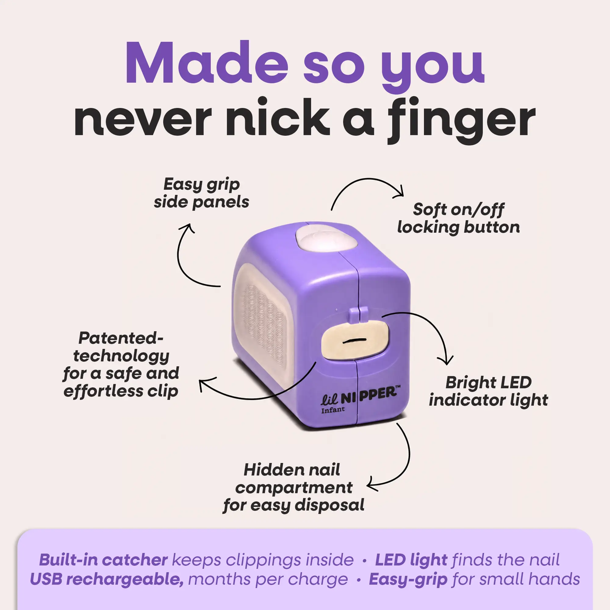 An infographic showing the features of the purple 'lil Nipper' infant nail clipper with text and arrows.