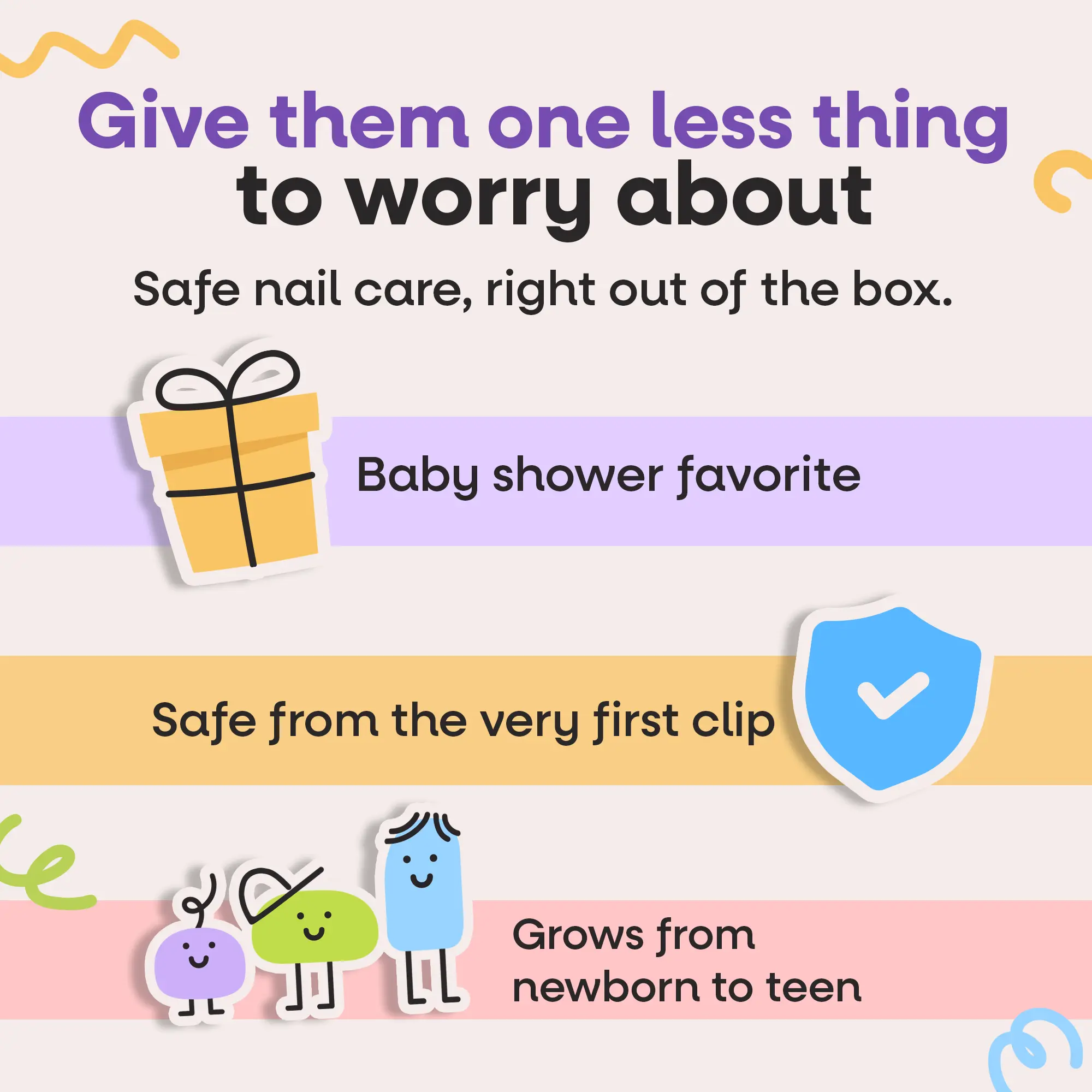 An infographic about safe nail care, highlighting features like safety and suitability for newborns to teens.