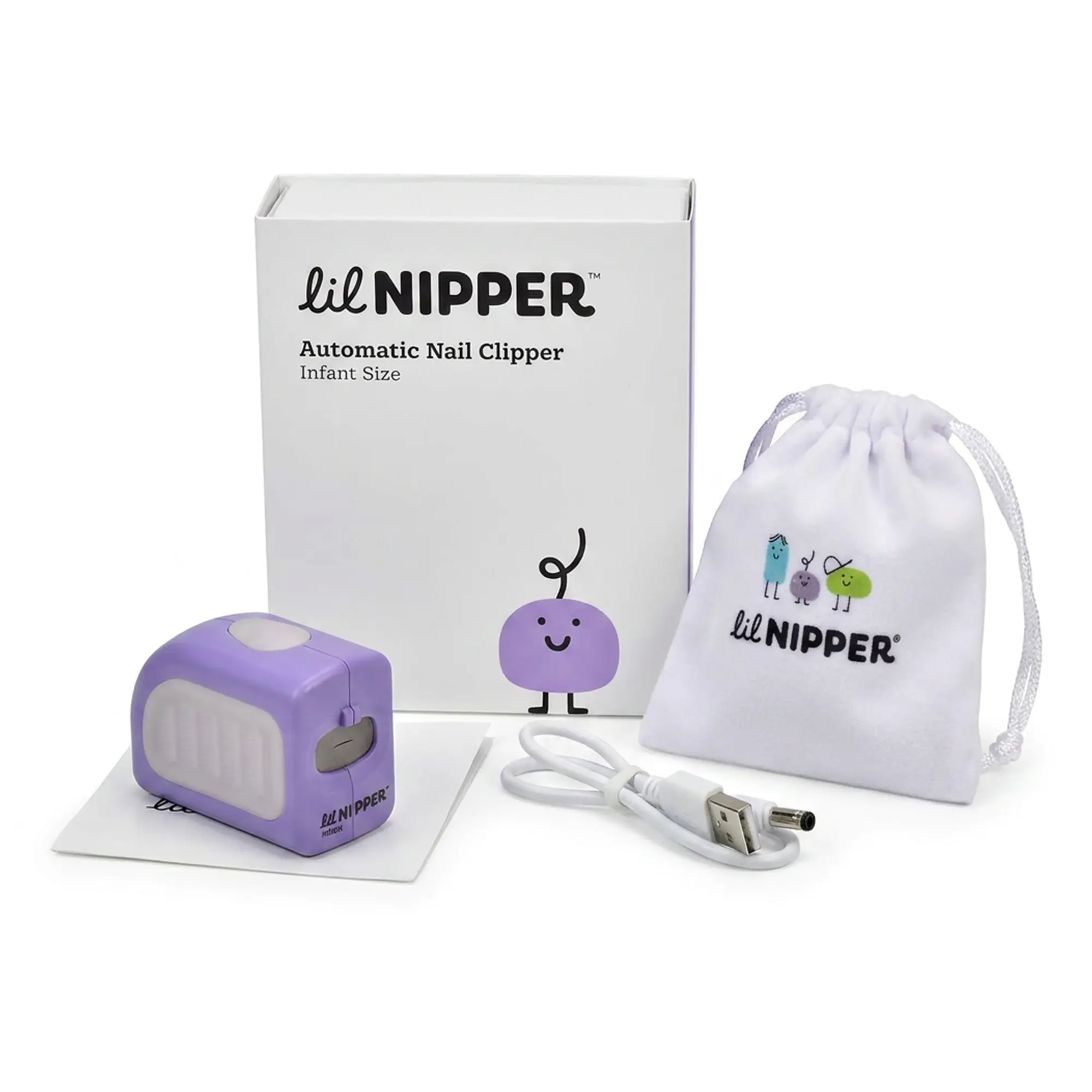 A purple automatic infant nail clipper shown with its box, charging cable, and a white carrying pouch.
