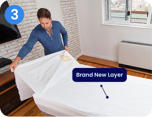 A man peels a stained top layer off a mattress to reveal a clean one underneath.