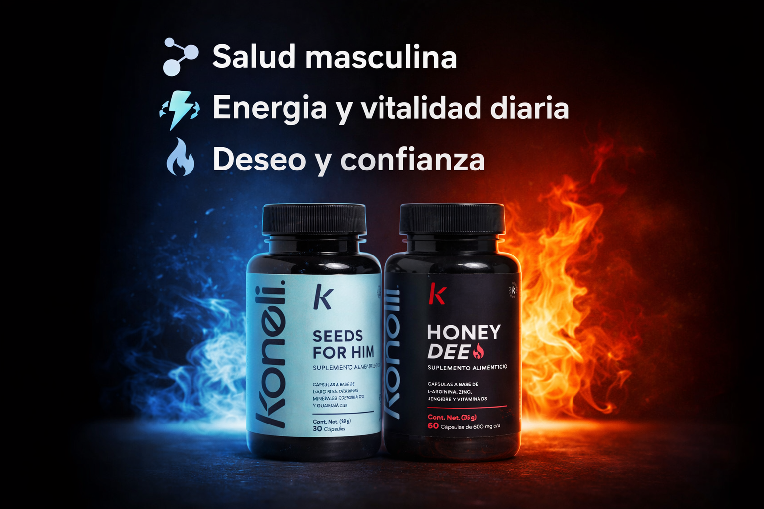Two bottles of Koneli brand supplements against a background of blue and red flames and smoke.