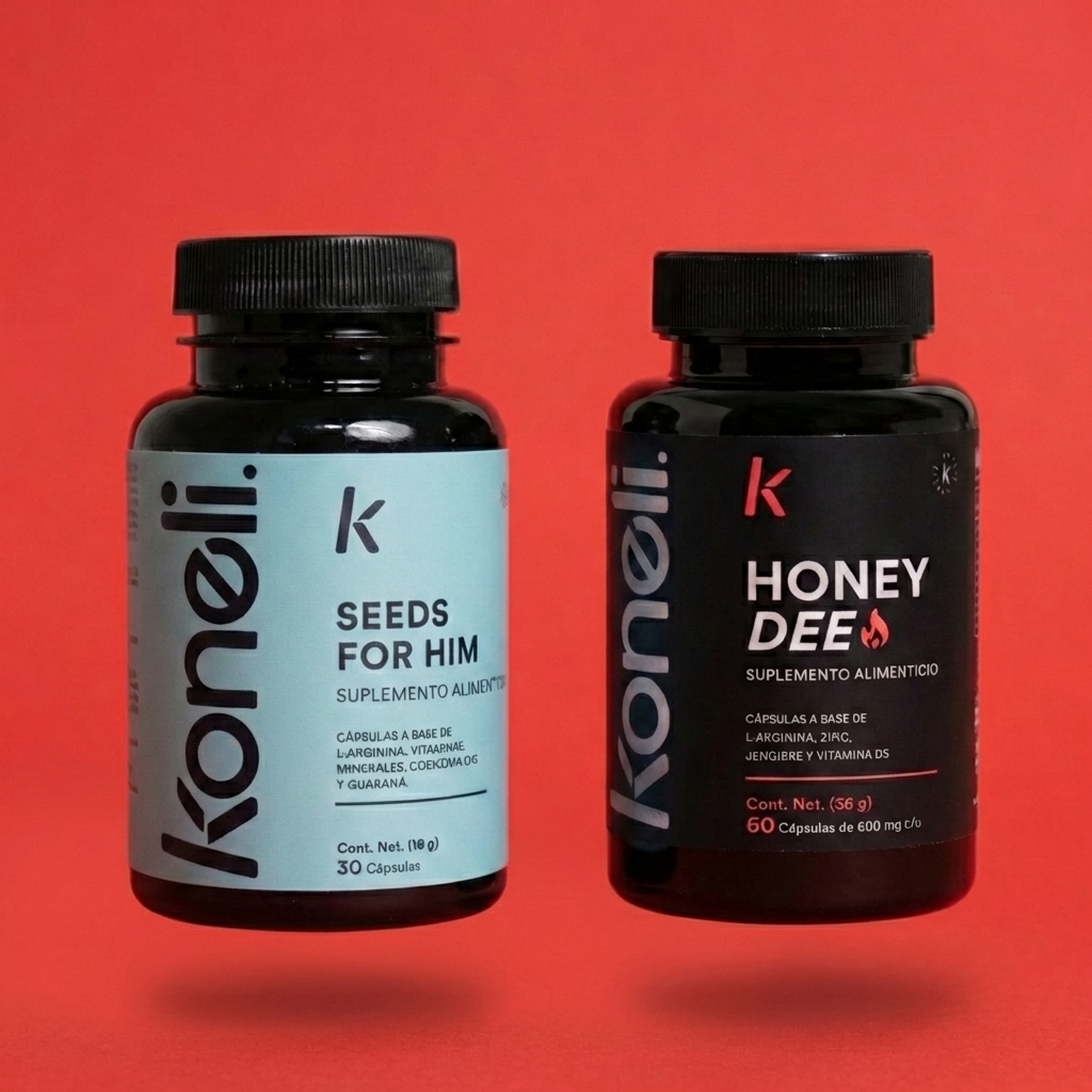 Two black bottles of Koneli brand supplements, 'Seeds for Him' and 'Honey Dee,' against a red background.