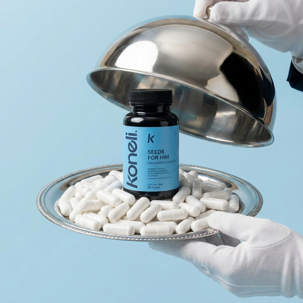 Gloved hands present a bottle of supplements and loose capsules on a silver platter with a cloche lid.