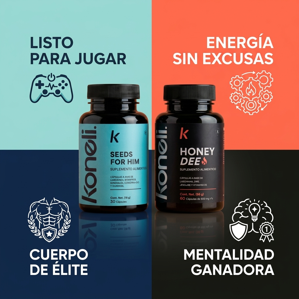 An advertisement showing two bottles of Koneli brand supplements against a four-color background with Spanish text.