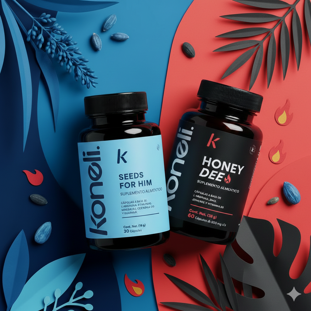 Two Koneli brand supplement bottles, one blue and one black, on a stylized red and blue background.