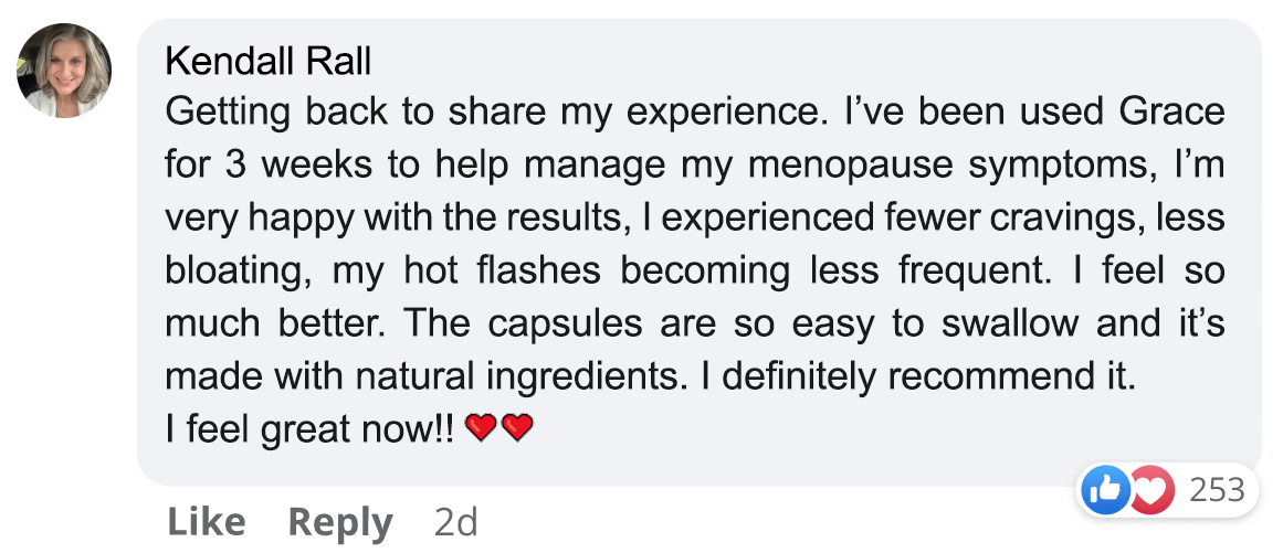 A Facebook comment with a testimonial about a product for menopause symptoms.