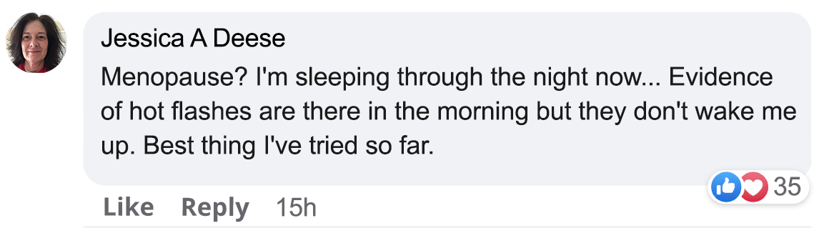 Facebook comment about menopause with 35 likes and a profile picture.