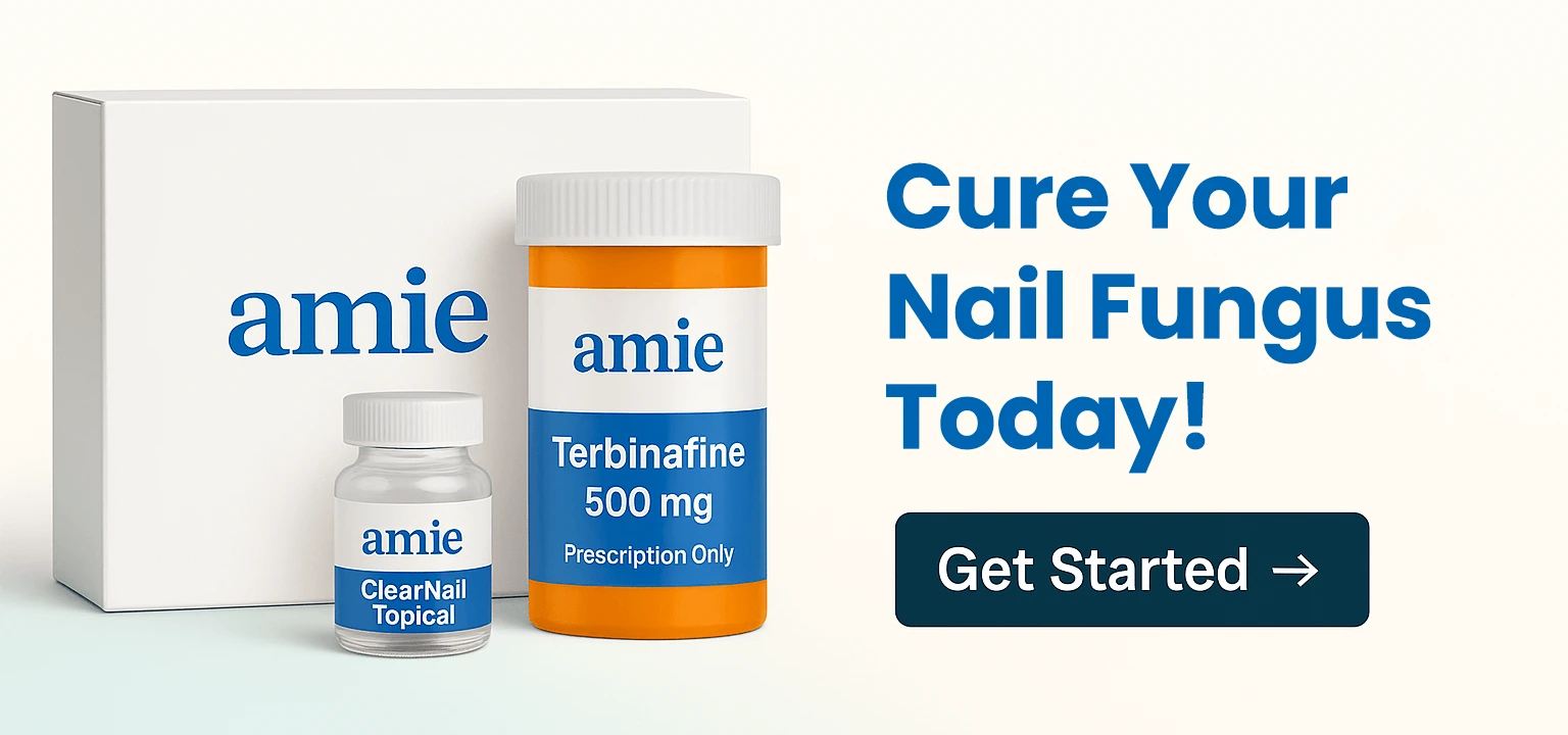 Medication bottles with 'amie' branding and text promoting nail fungus treatment.