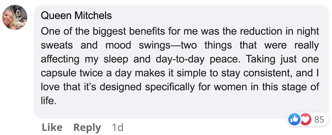 Facebook comment about benefits of a capsule for reducing night sweats and mood swings.