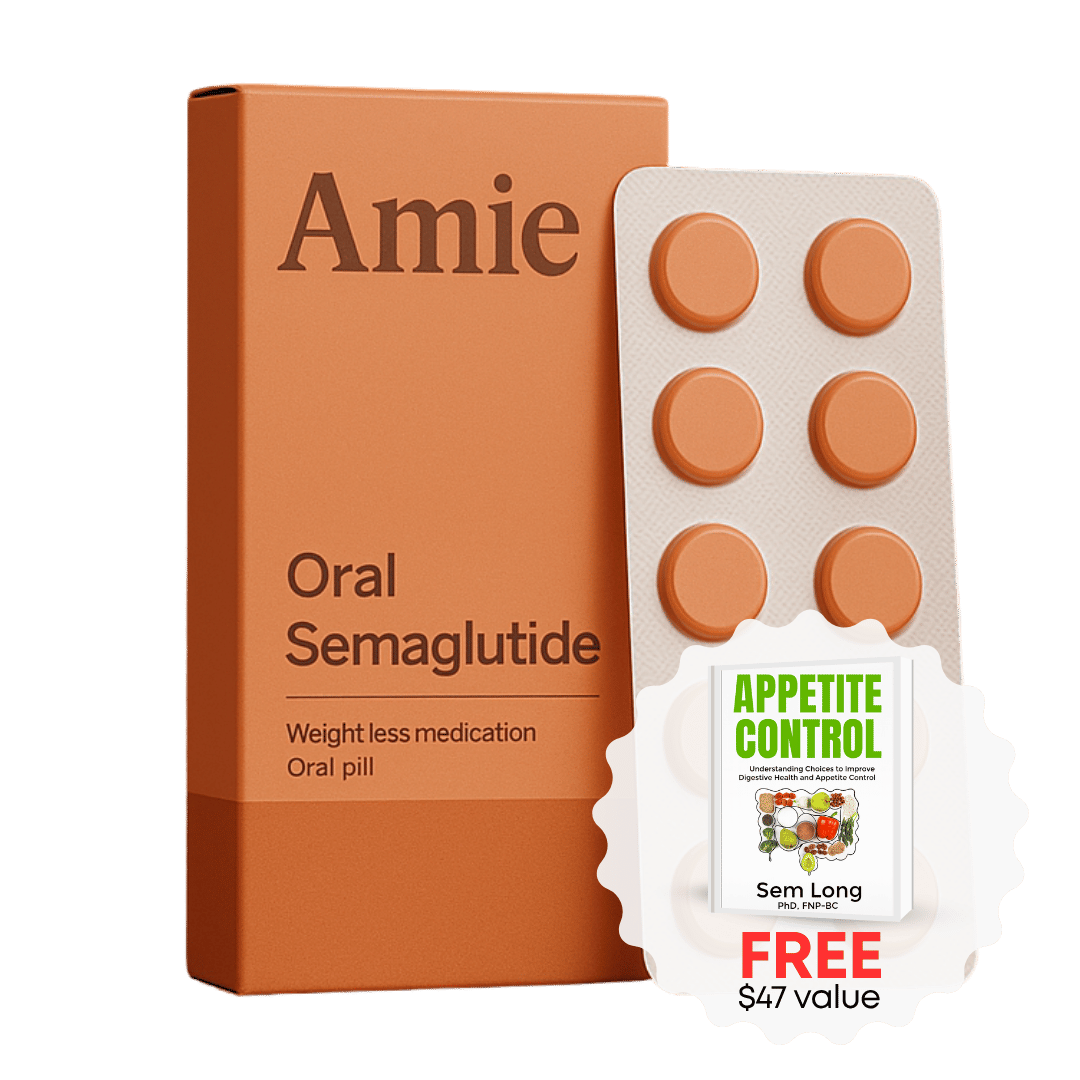 Orange box and blister pack of oral semaglutide pills with a free booklet offer.