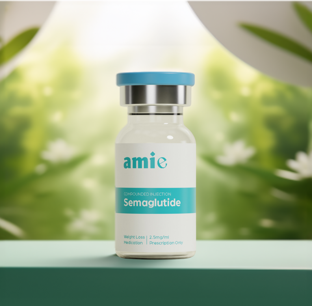 Vial labeled 'Semaglutide' with a blue cap on a blurred green background.