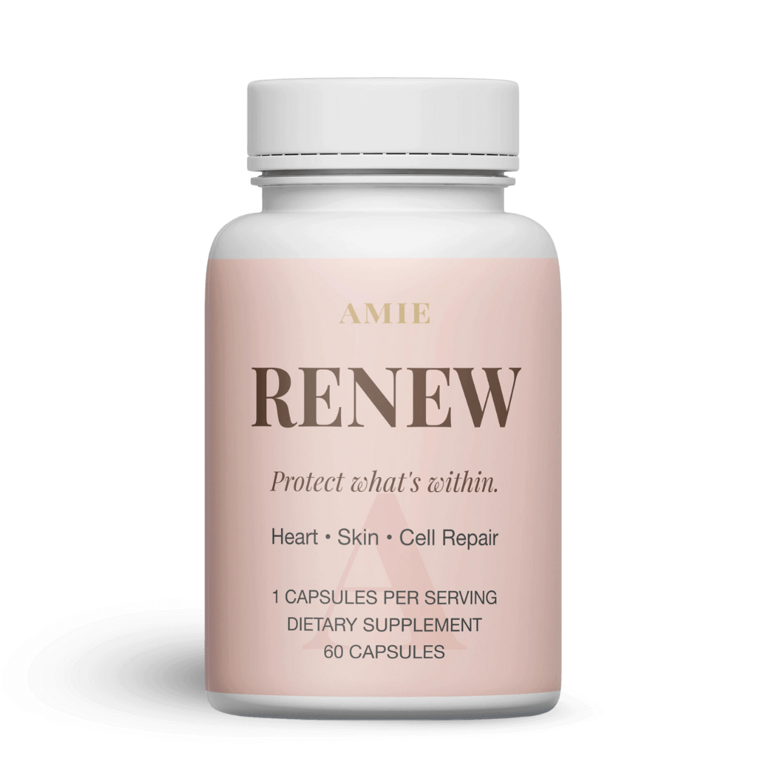 A bottle labeled 'AMIE RENEW' dietary supplement with 60 capsules for heart, skin, cell repair.