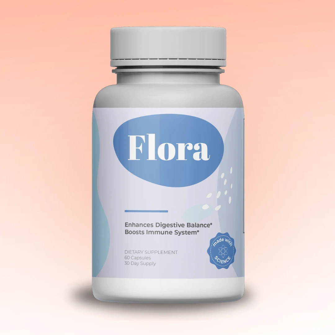 Bottle of Flora dietary supplement against a peach background.