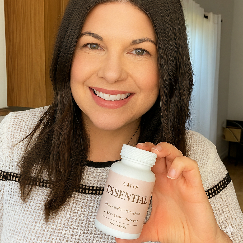 A person smiling and holding a bottle labeled 'Essential AMIE' with 60 capsules.