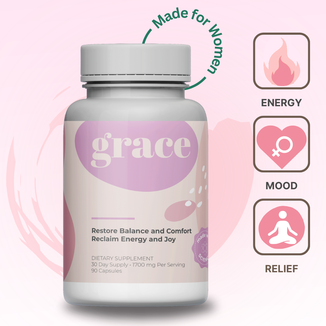 Supplement bottle labeled 'grace' with icons for energy, mood, and relief.