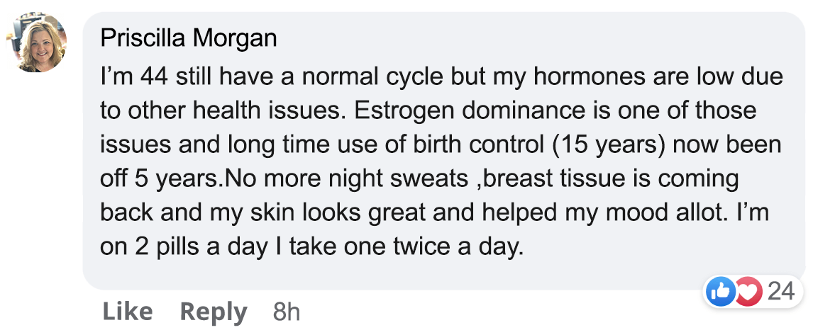 A Facebook comment discussing hormone health and birth control effects.