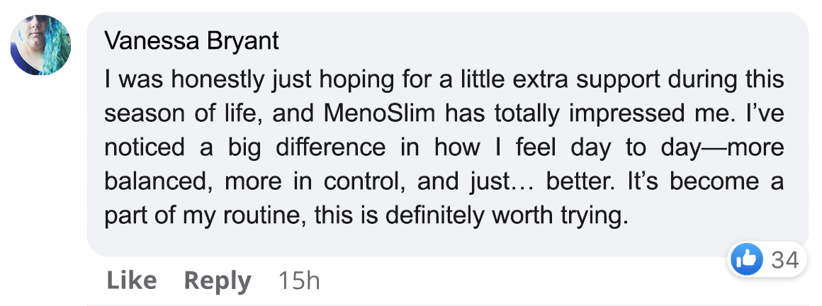 Facebook comment praising MenoSlim with 34 likes.