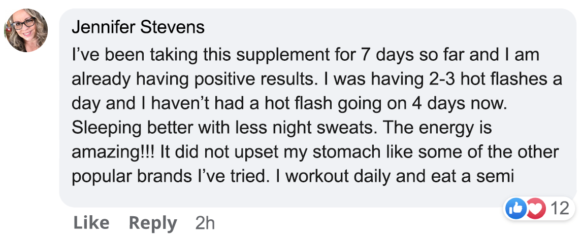A Facebook comment about positive results from a supplement, with a profile picture and reaction icons.