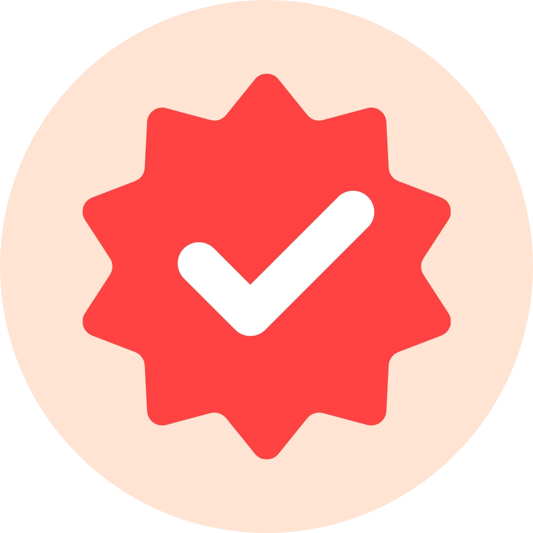 Red badge with a white checkmark inside a circle.