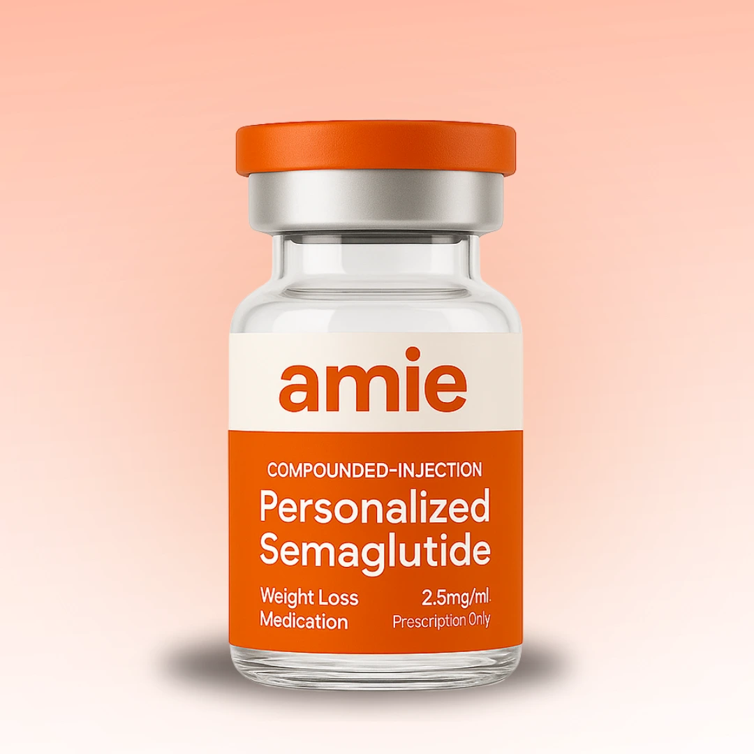 Vial labeled 'amie Personalized Semaglutide' with orange cap on gradient background.