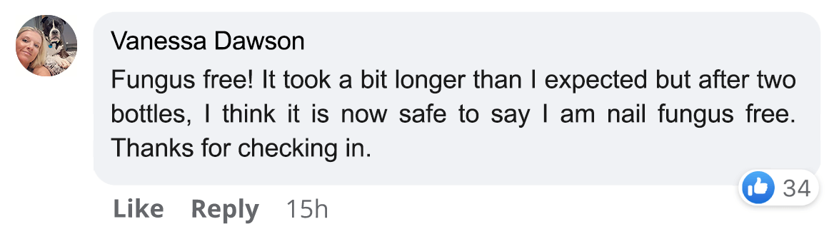 Facebook comment about being nail fungus free with 34 likes.