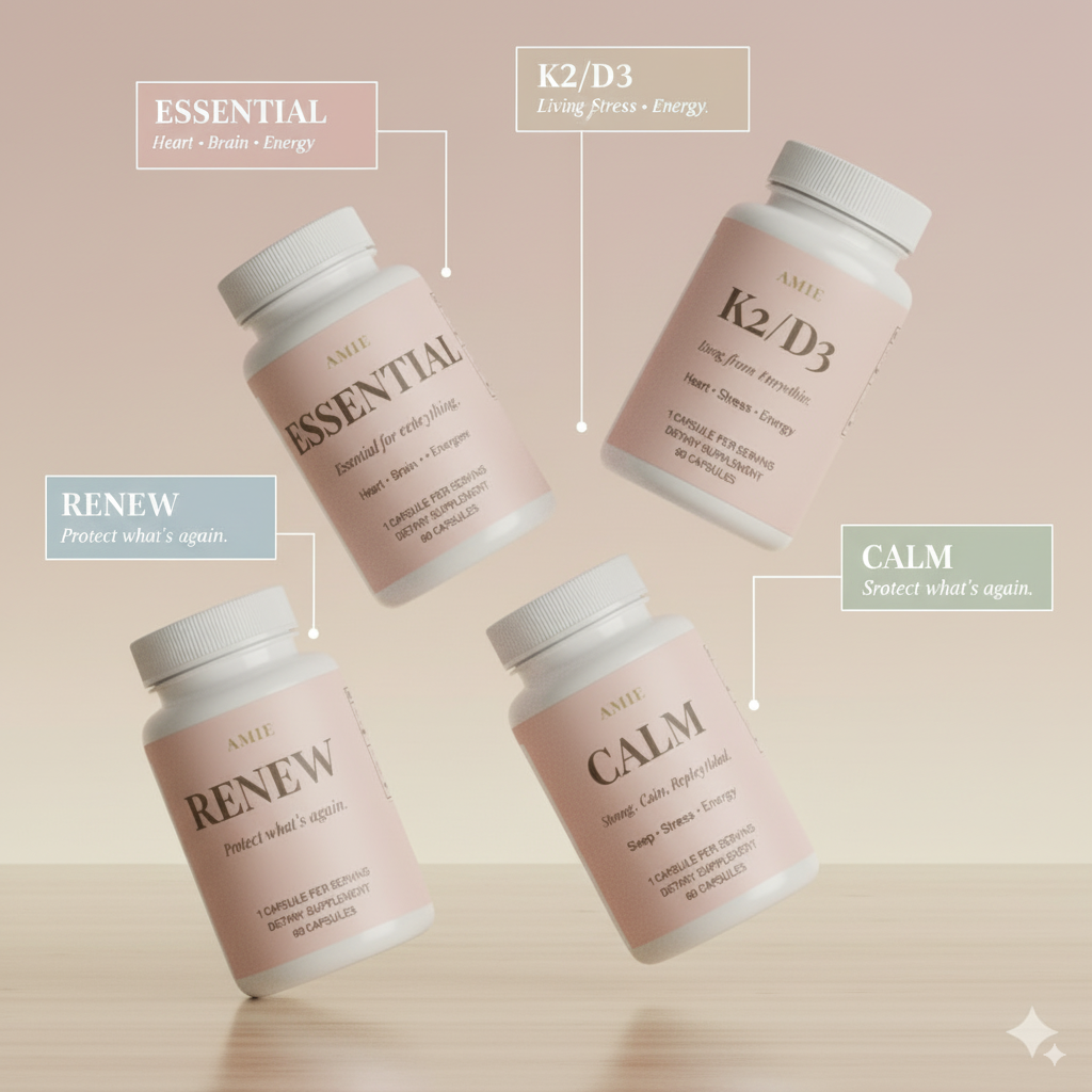 Four supplement bottles labeled Essential, K2/D3, Renew, and Calm against a gradient background.