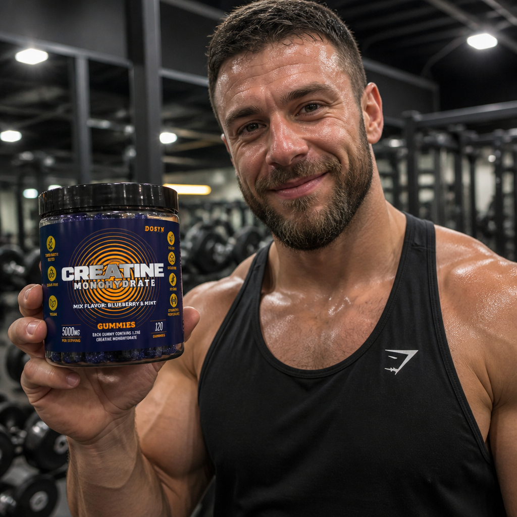 A smiling, muscular man in a gym holds up a container of creatine monohydrate gummies.