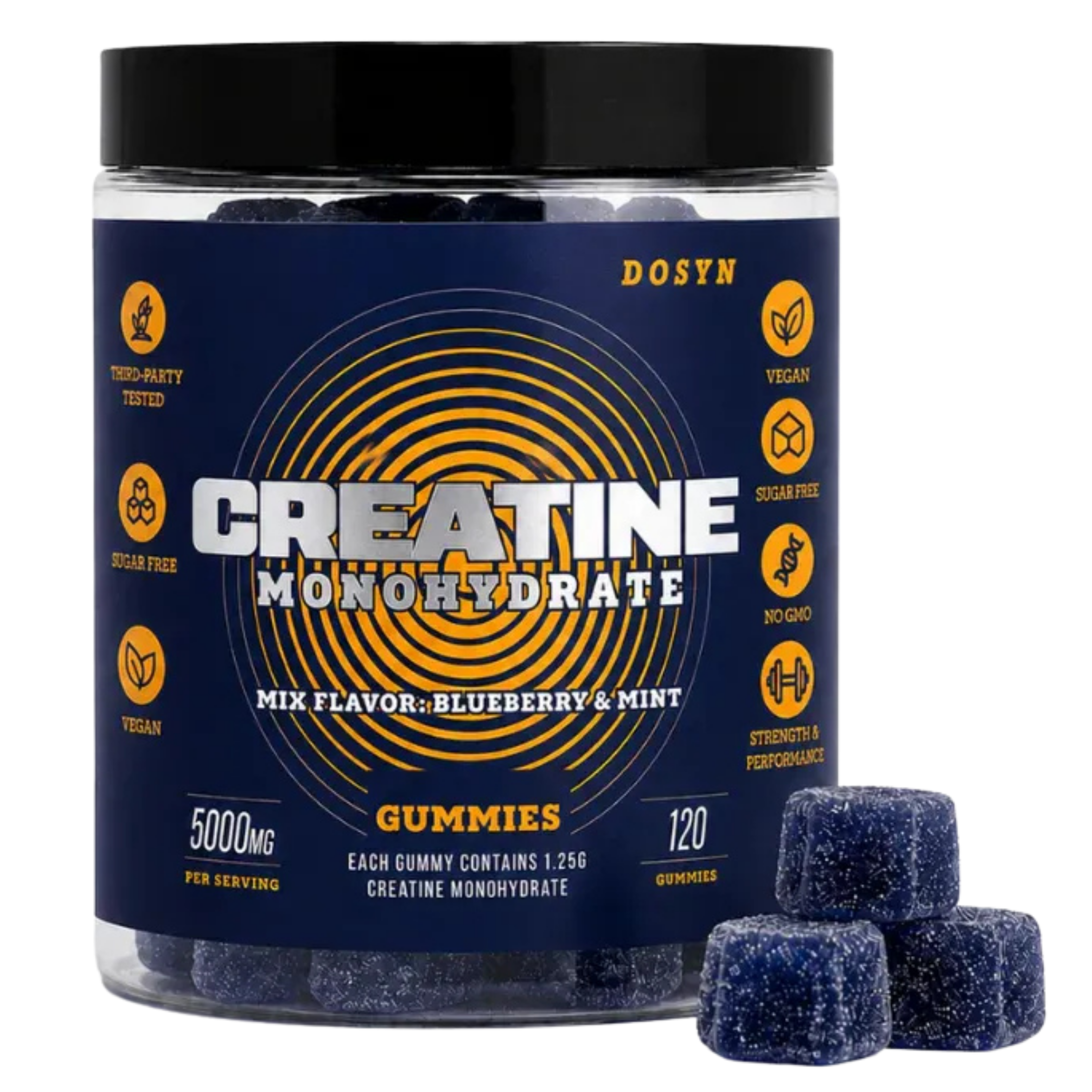 A jar of Dosyn Creatine Monohydrate gummies with three blue, sugar-coated gummies sitting next to it.
