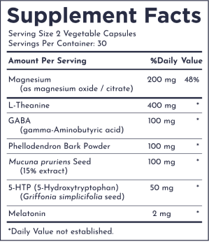 Supplement facts label with serving size, nutrients, and daily value percentages.