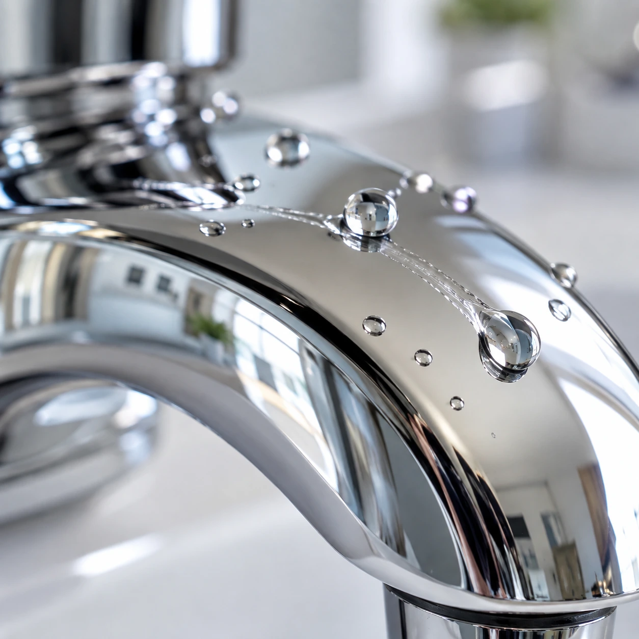 A close-up view of water droplets beading on a shiny chrome faucet.