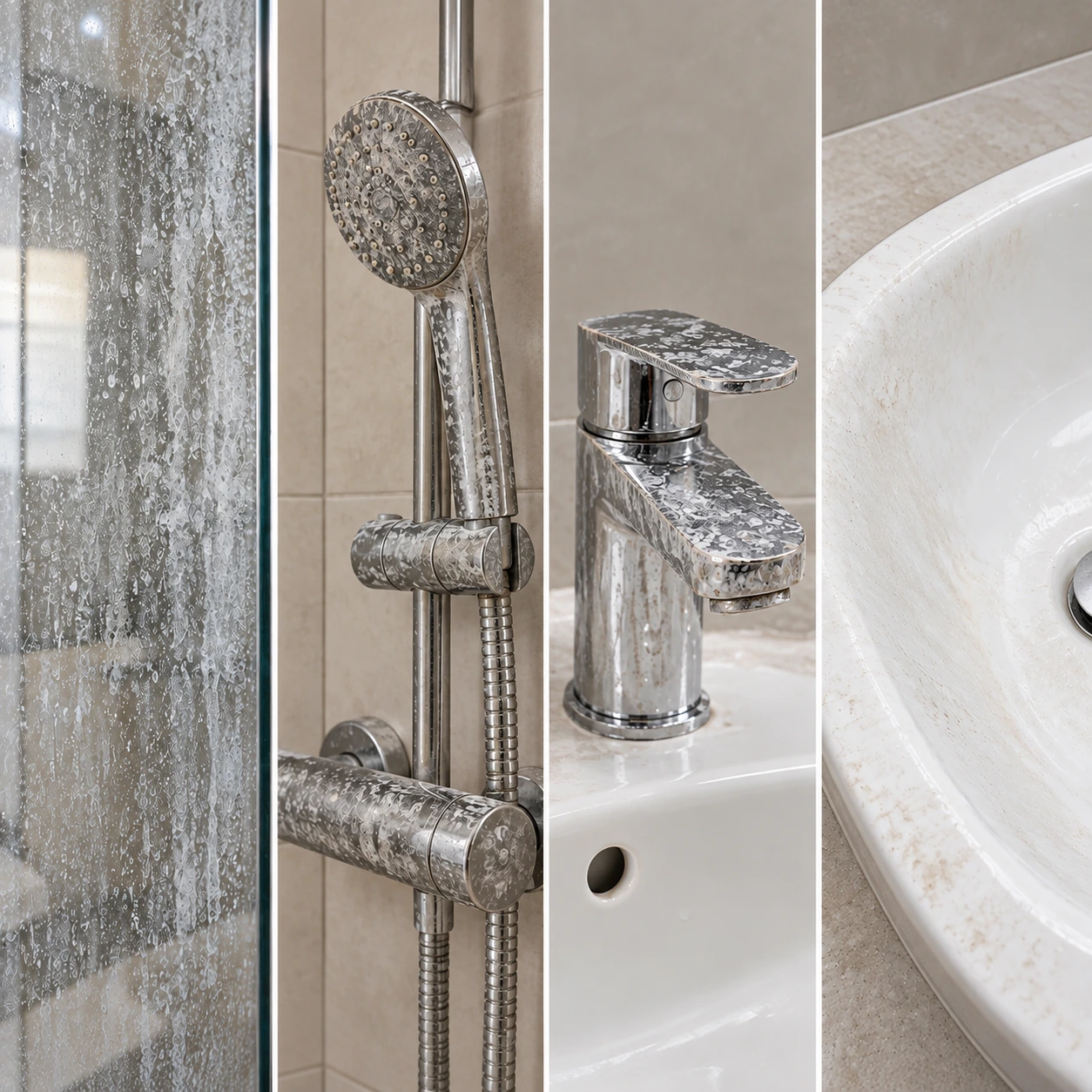 A four-panel collage showing heavy limescale buildup on a shower door, shower head, faucet, and sink.