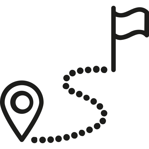 A location pin icon connected to a flag by a dotted path.