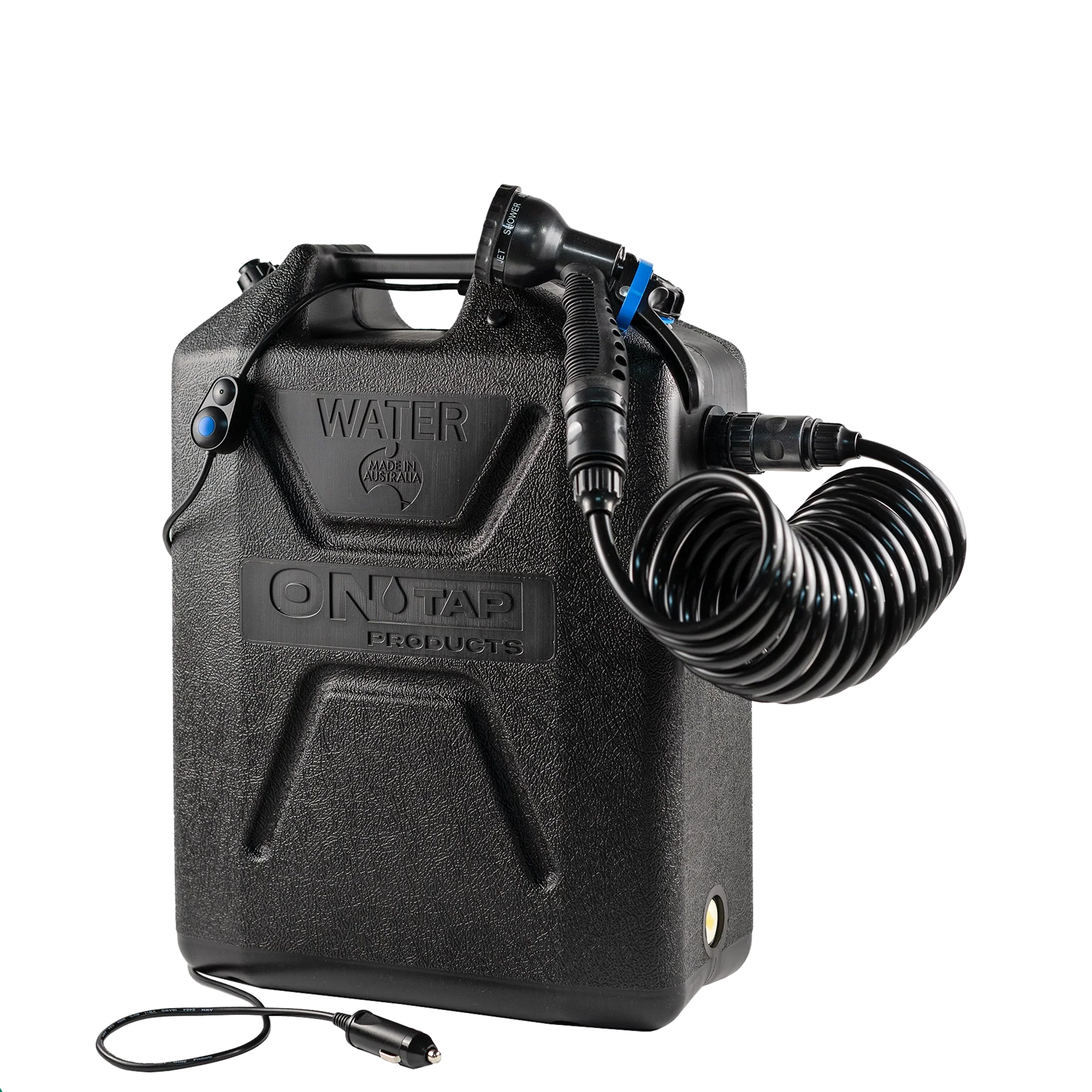 Black water jerry can with coiled hose and nozzle attached.