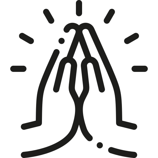Two hands in prayer position with radiating lines.