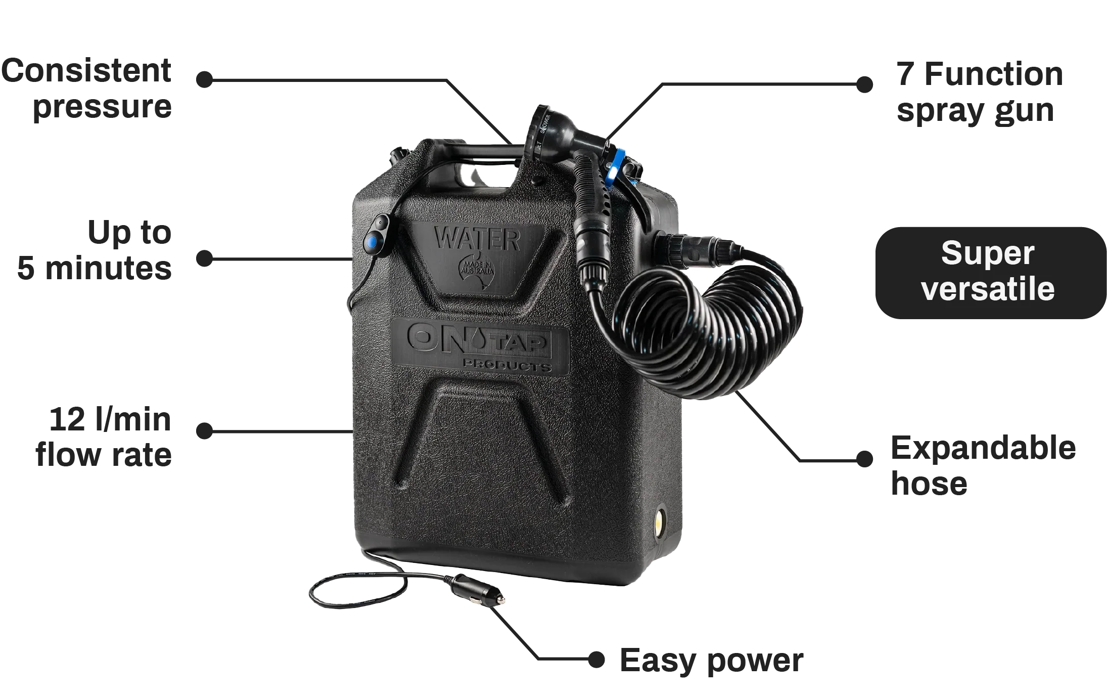 Black portable container with a hose and nozzle attached on top.