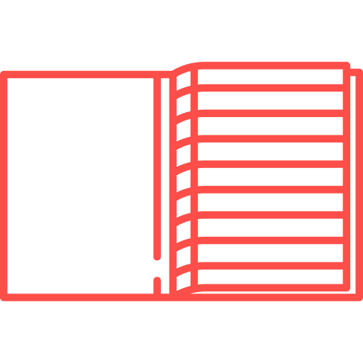 Icon of an open red book with lined pages.