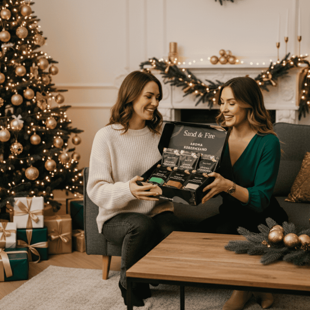 Two women exchanging a gift set by a Christmas tree and fireplace.