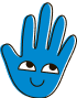 Blue hand with a smiling face, eyes looking upwards.