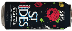 Black can with raspberries, cannabis leaves, and text 'St. Ides Wild Raspberry High Tea.'